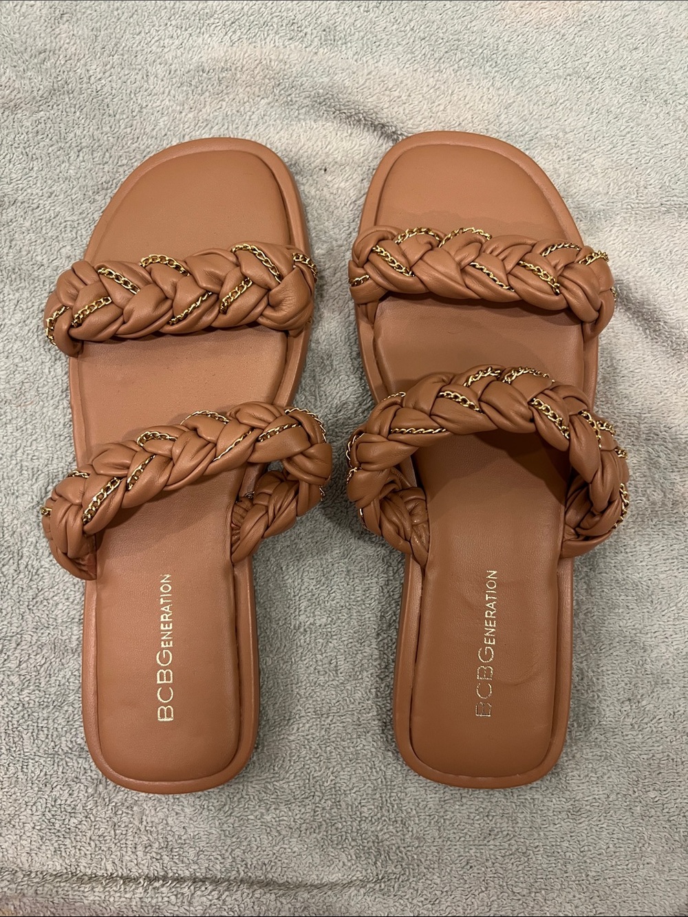 BCBGeneration Tan Braided Double-Strap Slide Sandals with Gold Chain